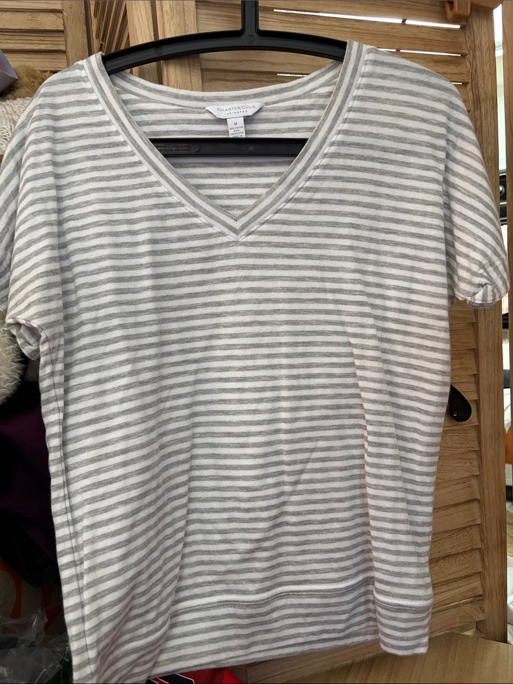 Charter Club White and Gray Striped V-Neck Short Sleeve Sleep Tee Medium